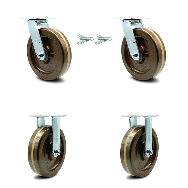 8 Inch High Temp Phenolic Caster Set with Roller Bearings 2 Swivel Lock 2 Rigid